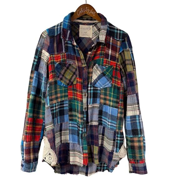 Free People Tops - Free People Lost In Plaid Shirt Medium Patchwork Boho Summer Lace